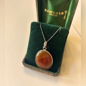14K White Gold Chain Amber Agate Pendant Necklace 925 Silver​​​